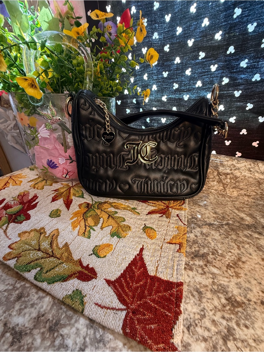 Juicy Couture Black Quilted Logo Shoulder Bag with Gold Hardware